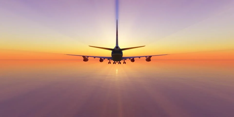 Airplane in sunset sky, 3d rendering Stock Illustration