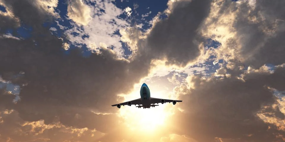 Airplane in sunset sky, 3d rendering Stock Photos