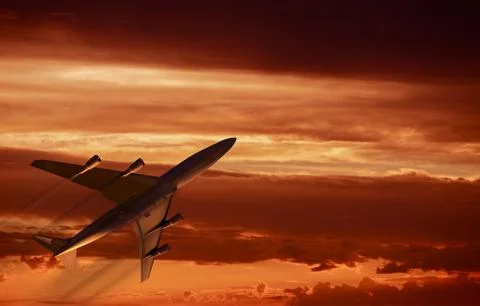 Airplane sunset takeoff. four-engine jet airplane flight. Stock Illustration