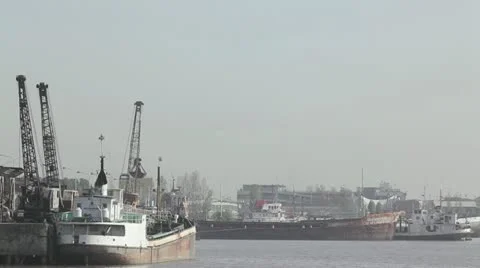 Airplane take off over harbor zone. Stock Footage 12719974