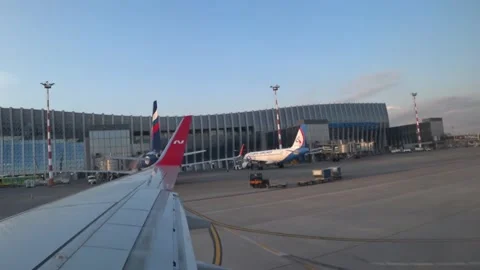Airplane Take Off Simferopol in summer Stock Footage 144841738