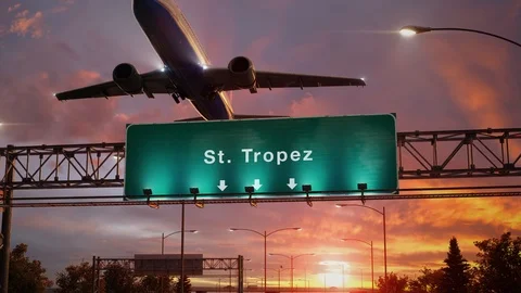 Airplane Take off St. Tropez during a wonderful sunset Stock Footage 102979271