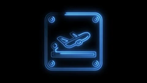 Airplane takeoff animation glows with cyberpunk flight schedule indicator and Stock Footage 322968720