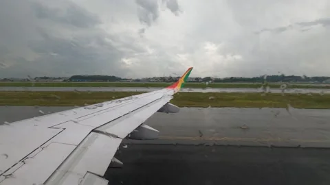 Airplane takeoff timelapse, view from the window on the wing and clouds Stock Footage 146941272