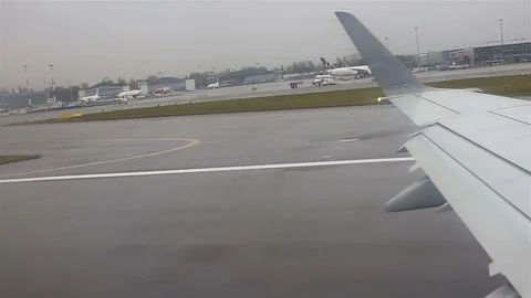 Airplane at takeoff. View trough window. Video stock 80521736