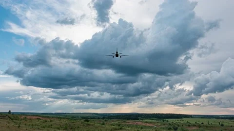Airplane Takes Off Against the Background of Time-Lapse Sunset. Beautiful 3d Stock Footage 170411244