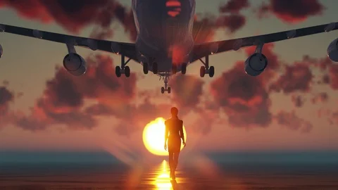 Airplane takes off from the sun. Stock-Footage 128953886