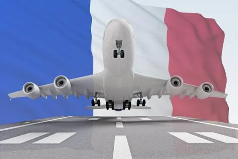 Airplane taking off against the background of the flag of France Stock Illustration