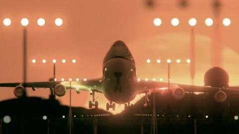 Airplane Taking Off At Sunset, CloseUp Stock Photos