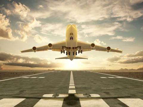 Airplane taking off at sunset Stock Illustration