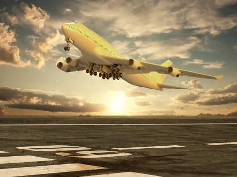 Airplane taking off at sunset Stock Illustration