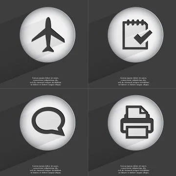 Airplane, Task completed, Chat bubble, Printer icon sign. Set of buttons with a Stock Illustration