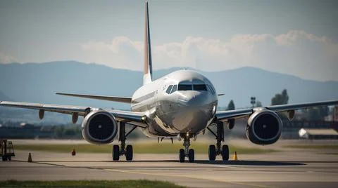 Airplane at the terminal gate ready for takeoff - Modern airport during sun.. Stock Photos