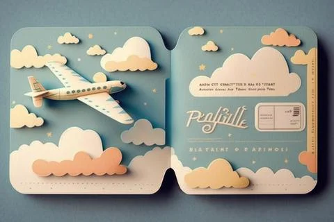 Airplane on ticket and cloud for trip and vacation background. Stock Illustration