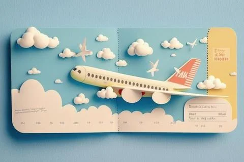 Airplane on ticket and cloud for trip and vacation background. Stock Illustration