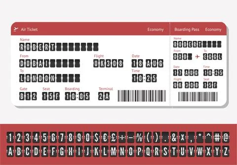 Airplane ticket vector mockup with scoreboard alphabet. Flight card with Stock Illustration