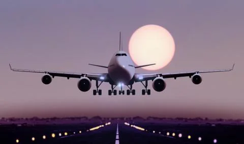 Airplane touch down during sunset Stock Photos