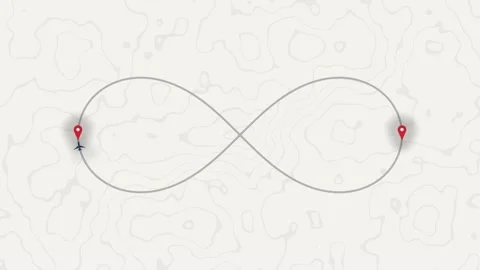 Airplane traveling along an infinity symbol flight path on a topographic map Stock Footage 340265554
