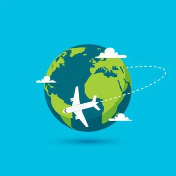 Airplane vector earth world globe icon. Plane flying round travel concept Stock Illustration