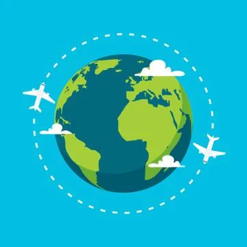 Airplane vector earth world globe icon. Plane flying round travel concept Illustrazione stock
