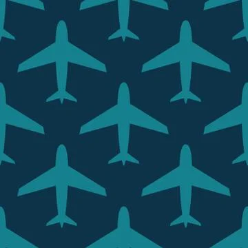 Airplane, vector seamless pattern, blue on dark blue . Stock Illustration