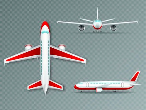 Airplane view from different angles, airoplane colorful illustration Ilustración de archivo
