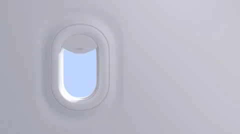 Airplane window, 3d render. Realistic aircraft porthole with open curtain and Illustrazione stock