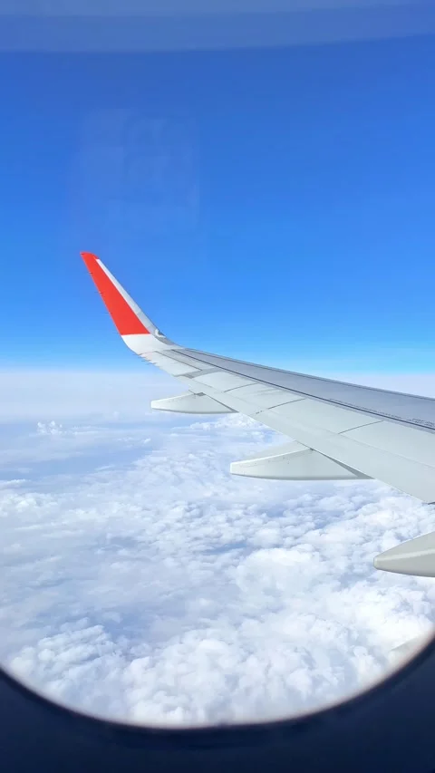 Airplane window. Airplane wing and clouds view. The blue, clear sky  Stock Footage 305600228