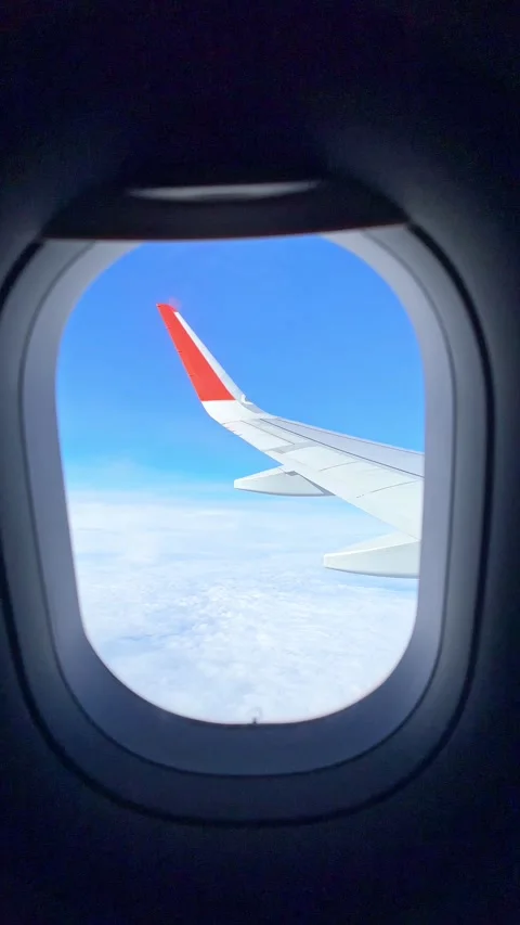Airplane window. Airplane wing and clouds view. The blue, clear sky Stock Footage 305601212
