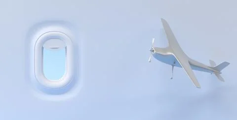 Airplane window and flying small plane with propelled. Porthole with open Stock Illustration