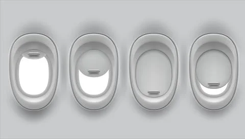 Airplane window in different positions inside view, vector flight plane interior Illustrazione stock