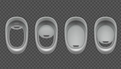 Airplane window in different positions inside view, vector flight plane interior Stock Illustration