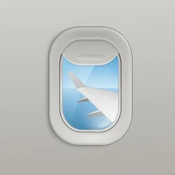 Airplane window or illuminator with view on plane wing 3d vector illustration. Illustrazione stock