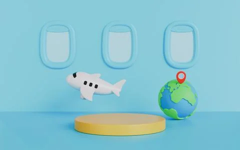 Airplane window scene with empty podium stage by traveler accessories Stock Illustration