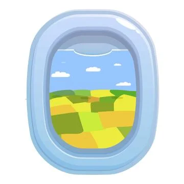 Airplane window showing farm fields from above with blue sky and clouds Stock Illustration