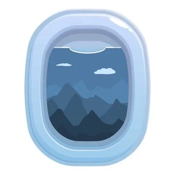 Airplane window showing mountains under blue cloudy sky during flight Stock Illustration