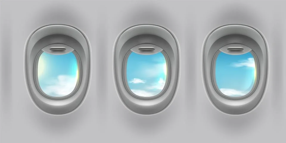 Airplane window with sky view, fuselage porthole with open glass from inside Stock Illustration