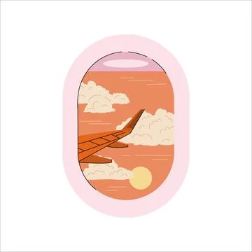 Airplane window. View through the airplane window. Adventure awaits slogan with Stock Illustration