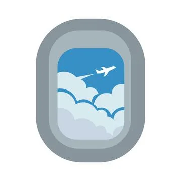 Airplane Window View Vector Flat Cartoon Aircraft Porthole Clouds Backdrop Stock Illustration