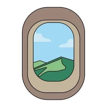 Airplane Window View Vector Flat Cartoon Aircraft Porthole Clouds Backdrop Stock Illustration