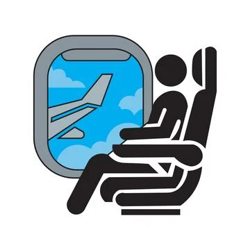 Airplane Window View Vector  Flat Cartoon Passengers Seated Flying in Clouds Stock Illustration