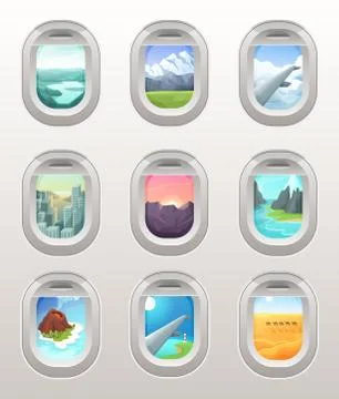 Airplane window view vector illustration set, cartoon interior plane inside Stock Illustration