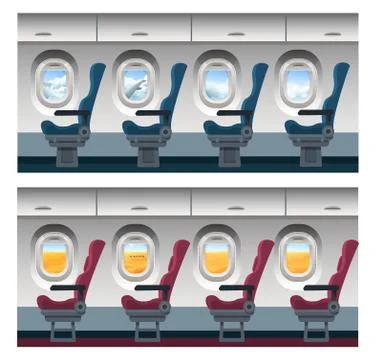 Airplane window view vector illustration, cartoon interior inside, trip viewing Stock Illustration