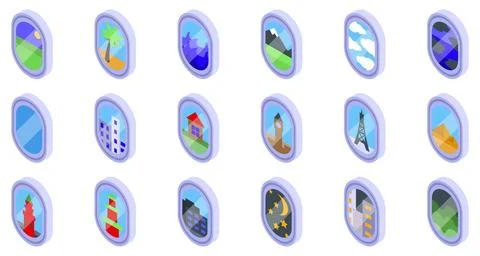 Airplane window view vector. A set of airplane window stickers with various Stock Illustration