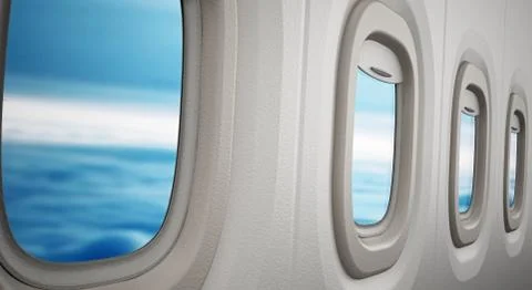 Airplane windows looking through the clouds. 3D illustration Stock Illustration