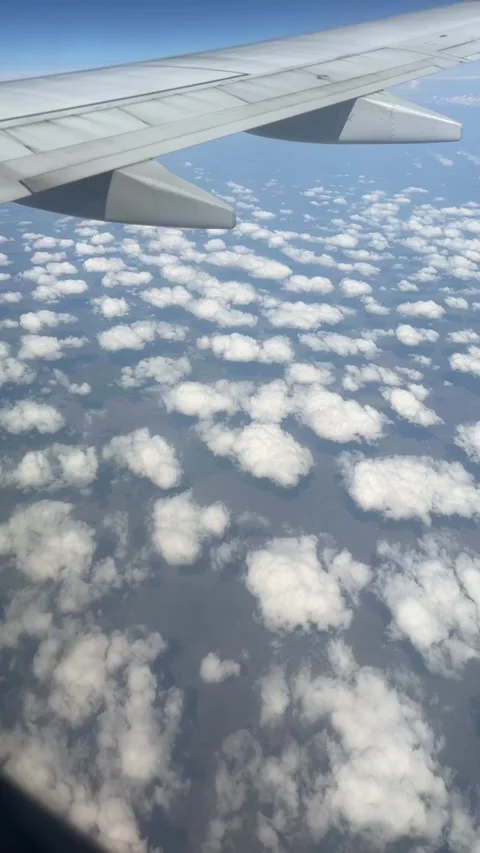 Airplane wing above scattered clouds and the Earth below.  Video stock 339763840