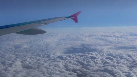 Airplane Wing and Jet Engine Above Clouds at Sunset Stock Footage 344350083