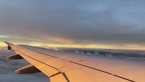 Airplane wing during sunset with dramatic sky Video stock 220607468