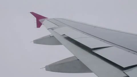 Airplane wing with extended flaps during flight in overcast sky Stock Footage 301683658