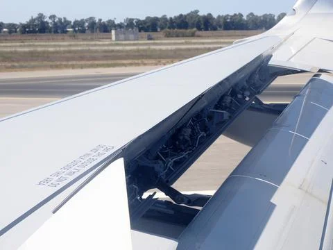 Airplane Wing With Extended Flaps During landing Roll Over Runway At Airport Stock Photos